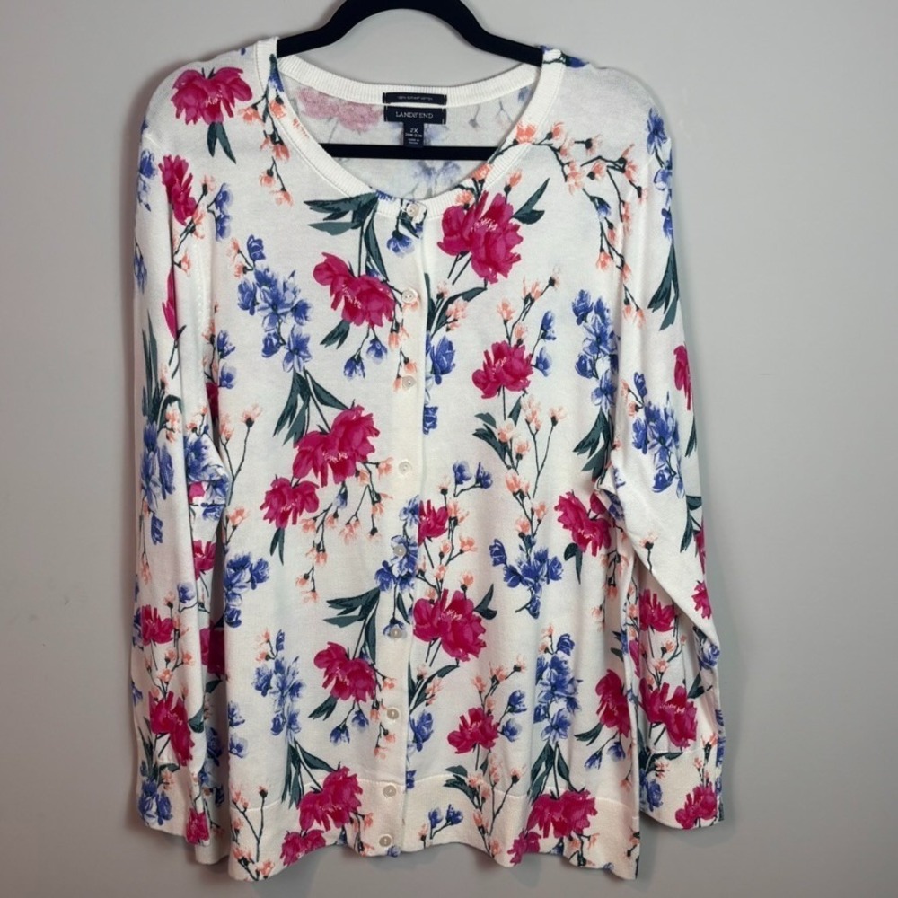 Lands End Womens 100% Supima Cotton White Pink Floral Button Front Cardigan 2X